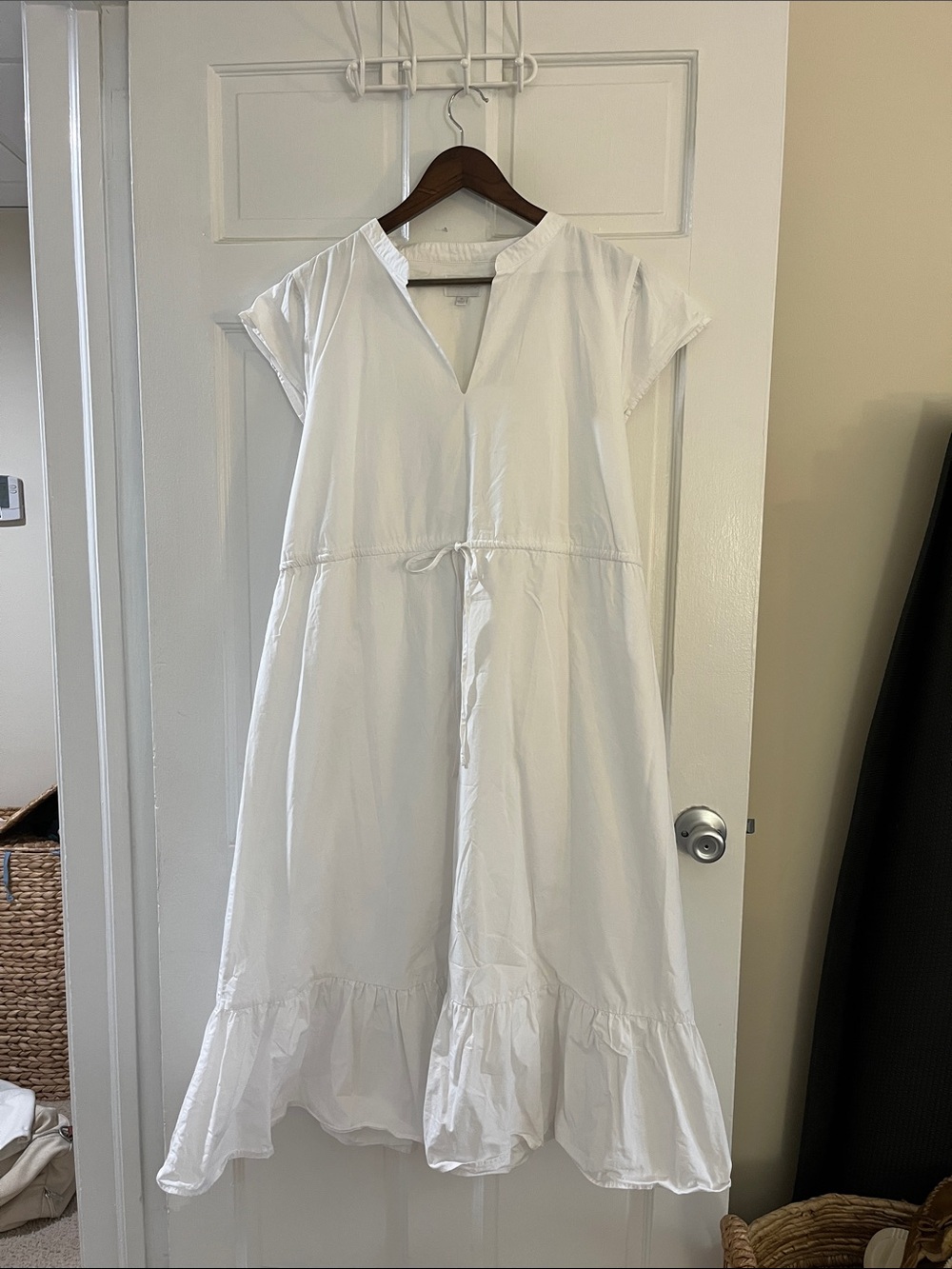 Women's White Midi Ruffle Hem cap sleeve Drawstring Dress